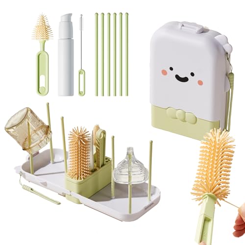 Baby Bottle Brush Set - Baby Bottle Cleaner Kit with Nipple Brush, Silicone Bottle Brush, Straw Cleaner Brush, Soap Dispenser, Bottle Drying Rack - 7 in 1 Bottle Cleaning Tool Set for Home and Travel - size: Large