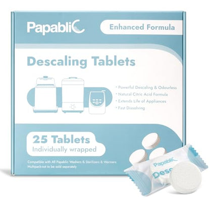 Papablic Descaling Tablets, 25 Count – Compatible with Baby Brezza, Momcozy, Bottle Washer, Warmer, Sterilizer & Formula Maker – Removes Milk & Limescale for Better Performance