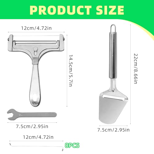 6 Pcs Cheese Slicer Set with Wire Cutter & Spatula, Matte Silver Stainless Steel Cheese Cutter for Block Cheese, Adjustable Handheld Cheese Slicer for Kitchen Butter Sandwich Making (Includes 8 Wires)