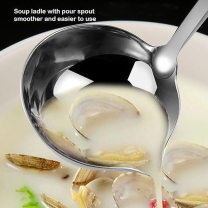 Soup Ladle 304 Stainless Steel Heavy Duty Ladle with Pour Spout for Soups, Stews, Cooking, and Broths,11.8 inch