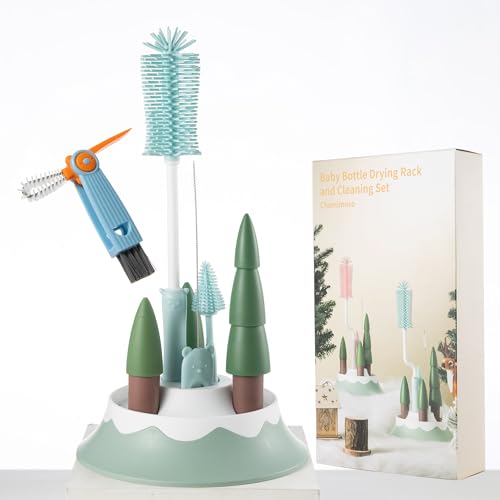 Chemimoso Baby Bottle Drying Rack and Cleaning Set, with Straight Silicone Baby Bottle Brush, Pacifier Brush, Straw Brush, Cup Lid Cleaning Brush, 2025 Xmas Holiday Surprise Gift for Newmom, Z Blue - style: Set, Z Blue