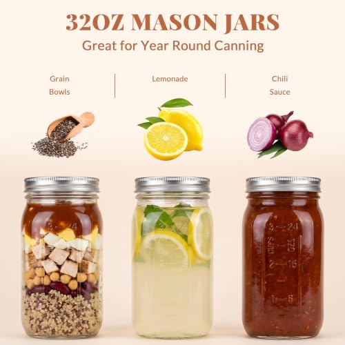 CycleMore Mason Jars 32 oz Wide Mouth, 6 Pack Glass Jars with ml Measurements and Silver Split Lids, Quart Mason Jars for Sourdough Starter, Pickles, Fermenting and Storage - size: 32 oz - 6 Pack