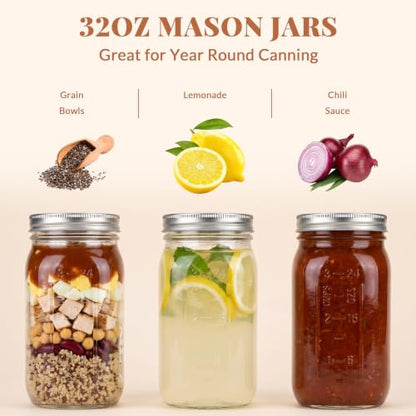 CycleMore Mason Jars 32 oz Wide Mouth, 6 Pack Glass Jars with ml Measurements and Silver Split Lids, Quart Mason Jars for Sourdough Starter, Pickles, Fermenting and Storage - size: 32 oz - 6 Pack