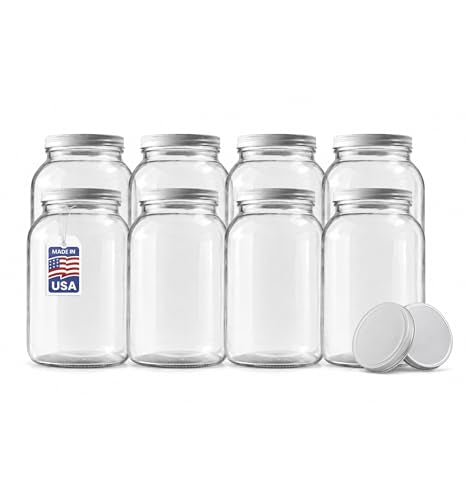 FastRack 8 pack One Gallon Wide Mouth Jar with 10 White Metal Airtight Lids | Glass Canisters with Airtight Lids | Large Mouth Glass Jar with Fermentation Lid for brewing, fermentation and pickling - size: 8 Pack