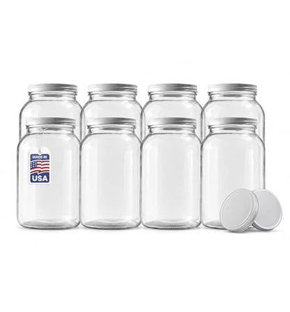 FastRack 8 pack One Gallon Wide Mouth Jar with 10 White Metal Airtight Lids | Glass Canisters with Airtight Lids | Large Mouth Glass Jar with Fermentation Lid for brewing, fermentation and pickling - size: 8 Pack