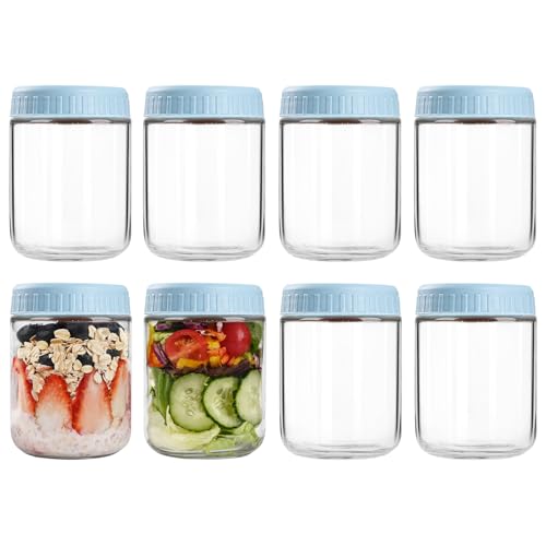 SHOWIN Overnight Oats Containers with Lids, 16oz Glass Jars with Lids 8 pcs, Light Blue, Wide Mouth Mason jars for Salad, Yogurt, Snacks, Meal Prep - color: Light Blue, size: 16oz-8pc