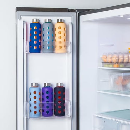 Mrsdry Glass Juice Bottles with Lids and Silicone Sleeves 18 oz, 4-Pack Reusable Clear Glass Water Bottles with Stainless Steel Airtight Cap for Juicing, Refrigerator, BPA Free Leak-Proof Drinking Jar - color: Navy