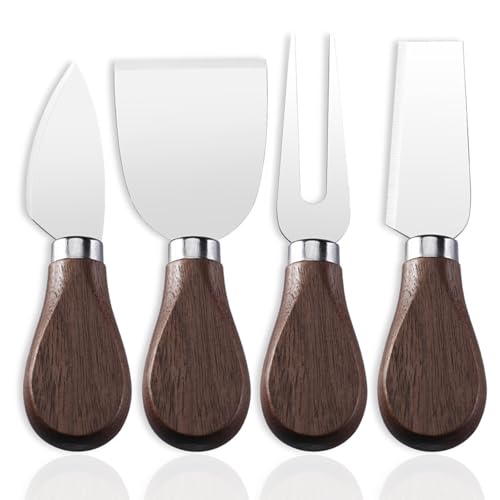 Linwnil 4-Piece Set of Stainless Steel Cheese Knives with Wood Hand, Including Cheese Slicer and Cheese Cutters, Essential Cheese Tools for the Kitchen (Walnut handle, Silver) - color: Silver
