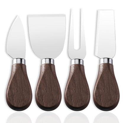 Linwnil 4-Piece Set of Stainless Steel Cheese Knives with Wood Hand, Including Cheese Slicer and Cheese Cutters, Essential Cheese Tools for the Kitchen (Walnut handle, Silver) - color: Silver
