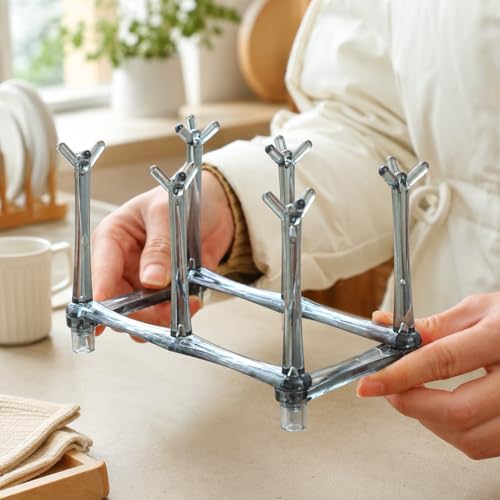 Plastic Bag Drying Rack, 6-Branch Stand for Reusable Bags, Bottle Drying Rack,Cup Drying Rack, Compact Countertop Organizer for Kitchen, Gray