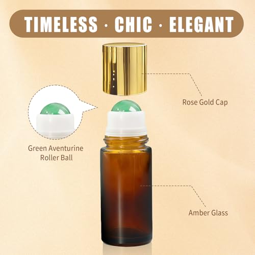 Green Aventurine Roller Bottles for Essential Oils, 50ml Refillable Amber Glass Roll On Bottles with Natural Crystal Roller Balls, Leak-Proof Travel Perfume Bottle with Gold Caps - color: Green Aventurine