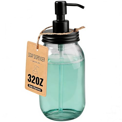 Amolliar Quart Size Mason Jar Liquid Soap Dispenser, 32OZ Glass Pump Bottle Rustproof Stainless Steel Pump Lid Lotion Dispenser, Regular Mouth Dish Soap Dispenser for Kitchen, Hand Soap, Black 1 Pack - color: Black, size: 1 Pack