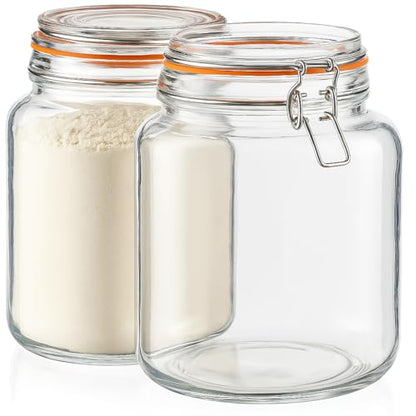 kitchentoolz Half Gallon Glass Large Mason Jars with Airtight Lid - 64oz Wide Mouth Flour & Sugar Container. Also for Sourdough, Pasta, Pickles, Cookies- Flip Top Hinged Closure - 2 Pack