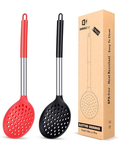Silicone Kitchen Ladle Strainer, Black-Red, 2 Pack | Slotted Spoon, High Heat Resistant, BPA Free, Non Stick, Ideal for Draining and Frying - color: Black and Red