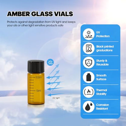 10ml Amber Glass Graduated Vials with Screw Caps and Plastic Stoppers, Small Sample Vials with Lids, Leak-Proof Liquid Storage Empty Vial, 12PCS - color: AMBER, size: 10ml