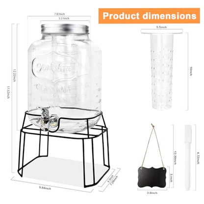 2 Gallon Glass Drink Dispensers For Parties,Beverage Dispenser with Stand,Fruit Infuser,Mason Jar Water Dispenser for Juice/Tea,Lemonade Dispenser for Parties,BPA Free Clear Water Pitcher with Spigot - size: 2 Gallon With Stand