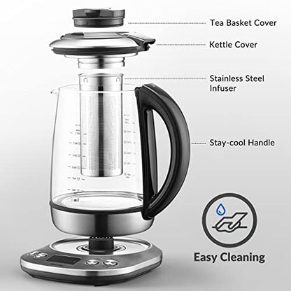 Mecity Electric Tea Kettle Borosilicate Glass Tea Maker With Temperature Control and Infuser - LCD Display and Preset Brewing Programs - 1.7 Liter Water Boiler - size: 1.8 Quarts