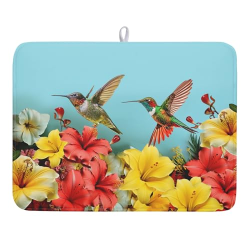 Kawani Hummingbirds Floral Dish Drying Mat for Kitchen Counter 18x24 In Hibiscus Tropical Drying Mat Farmhouse Fast Dry Absorbent Microfiber Dish Drainer Rack Pad Mat for Countertop Decor - color: Spring Hummingbirds Floral, size: 18" x 24"