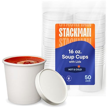 [16 oz. - 50 Sets] Paper Food Container with Lid, Insulated Food Cups with Vented Lids - Hot or Cold To Go Soup Cup, for Soups, Ice Cream and Yogurt - Eco-Friendly - White - size: 16 oz.