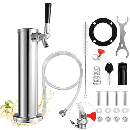 Single Beer tap Tower with 1/4 Barb, 3'' Draft Kegerator Tap Tower Stainless Steel Keg Tower Parts Stainless Core Self-Closing Beer Faucet Brewing Tower Dispenser with Pre-assembled Beer Lines Kit