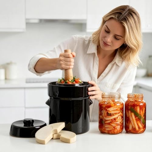 Seeutek Fermentation Crock Jar 1/2 Gallon - Sauerkraut Crock with Lid, Weights & Pounder, Stoneware Pickle Pot for Pickling Kimchi, Pickles, Vegetables, Kombucha, 2 Liter Ceramic Fermenting Crock Kit - size: 2L