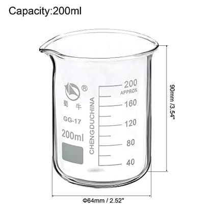 PATIKIL 200ml Low Form Glass Beaker, 3.3 Borosilicate Glass Graduated Printed Scale Measuring Cups with Spout for Kitchen Lab Liquids Transit Boiling - size: 200ml