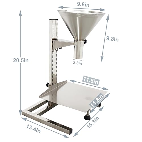 TECHTONGDA Stainless Steel Funnel Food Grade Kitchen Feeding Hopper with Support Stand and Lifting Platform for Powder, Paste, Liquid, Granule Manual Filling Package Bottom Diameter 2.3 Inch