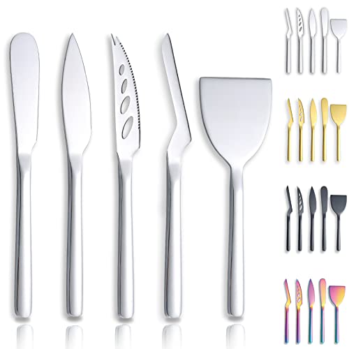 Berglander Cheese Knife Set of 5 for All Types of Cheese, Stainless Steel Cheese Cutter Slicer Ergonomic Design for Confortable Grip and Cut, Butter Spreader Knife - color: 1. Silver