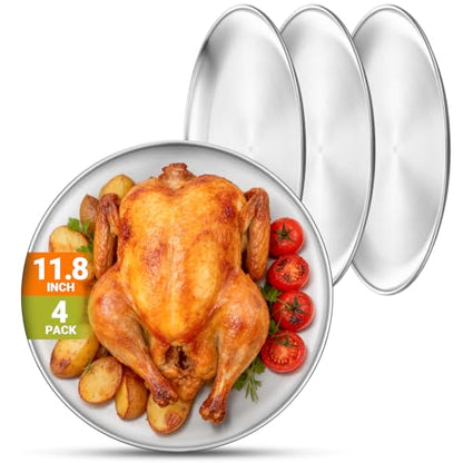 Stainless Steel Plates, 4 Pack 11.8 inch Large 201 Metal Food Serving Plate Set, Reusable Snack Eating Dishes Round Shatterproof Brushed Finish Dish Silver Dinner Lunch Oven Dishwasher Safe - size: 11.8"