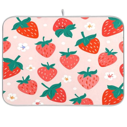 Kcldeci Red and Pink Strawberry Dish Drying Mat Kitchen Counter Mat Draining Mat Kitchen Accessories Dish Rack Pad for Dishes, Utensils, Countertops, Sinks 18x24in - color: D10, size: 18x24in