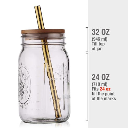 Reusable Boba Bubble Tea & Smoothie Cups - 2 Glass Wide Mouth 32oz Mason Jars with Bamboo Lids - 2 Reusable Gold Stainless Steel Boba Straws