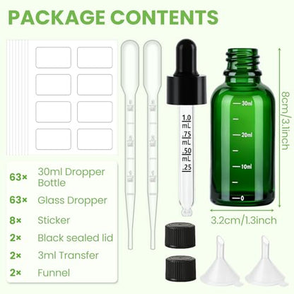 UPBUD 63 Pcs 1oz Green Glass Dropper Bottles with Measurement, 30ml Leakproof Tincture Bottles with Funnels, Eye Droppers, Extra Caps & Labels, Refillable Empty Bottles for Tinctures, Essential Oils - color: Green-1oz, size: 1oz