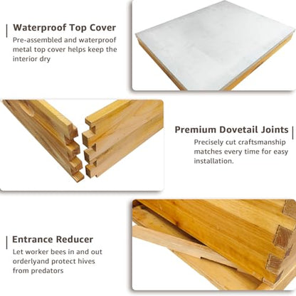 Beeswax Coated Bee Hive Starter Kit - 3 Layer Langstroth Beehive with 2 Deep & 1 Medium Super Boxes - Premium Wood Honey Bee House, Metal Top Cover & Queen Excluder (No Frames)