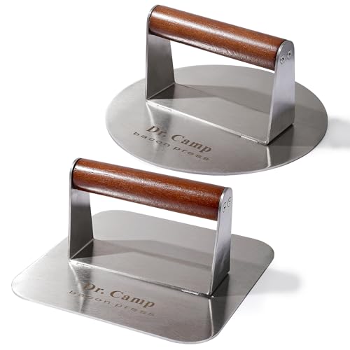 Dr.Camp 2 Pack Stainless Steel Burger Press with Real Wood Handle 7 Inch Smash Burger Press Bacon Press Grill Press Set for Griddle Flat Top Hamburger Smasher Meat Press - style: Round+Square