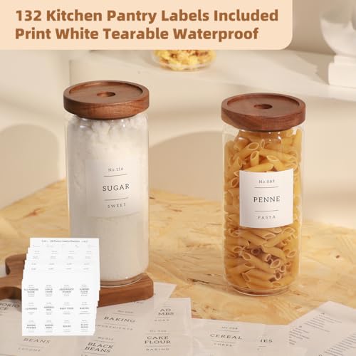 3 Pack Glass Canisters with Airtight Acacia Lids and 132 Kitchen Pantey Labels Preprint - 36 Fl OZ Borosilicate Glass Pantry Storage Jars Containers with Wooden Lids for Tea,Sugar,Cookie,Pasta,Candy - size: 36oz-3 Pack