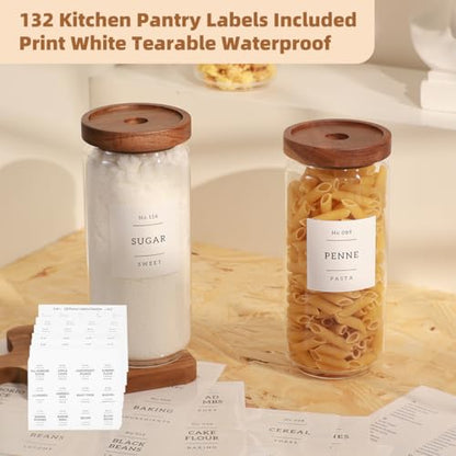 3 Pack Glass Canisters with Airtight Acacia Lids and 132 Kitchen Pantey Labels Preprint - 36 Fl OZ Borosilicate Glass Pantry Storage Jars Containers with Wooden Lids for Tea,Sugar,Cookie,Pasta,Candy - size: 36oz-3 Pack