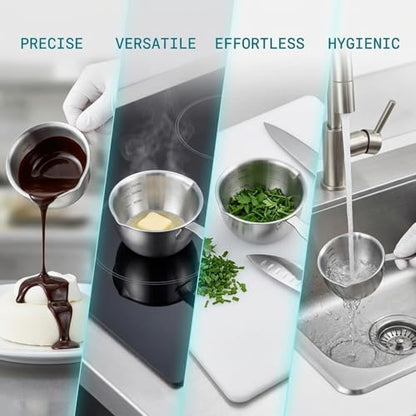 Mini 304 Stainless Steel Oil Ladle with Seasoning Bowl, Small Melting Sauce Pot, Butter Warmer with Pour Spout, Ergonomic Handle, Measuring Scale, for Cooking & Serving