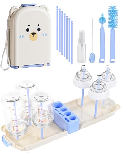 Travel Bottle Cleaner kit, 7in1 Baby Travel Gear Silicone Travel Bottle Brush Set Nipple Drying Rack, Straw Breast Pump Cleaning Soap Dispenser Organizer Case Mon Gift (Blue) - color: Blue