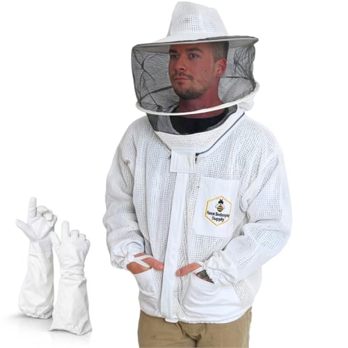 Ventilated Bee Jacket for Men and Women with Gloves and Detachable Round Veil, 3-Layer Beekeeping Jacket, YKK Brass Zippers (Small) - size: Small