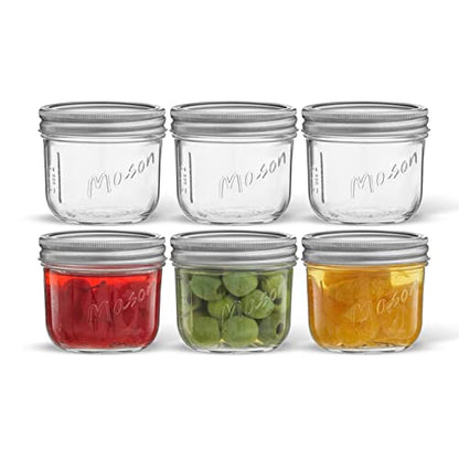 JoyJolt 8 Oz Mason Jars With Lids, Labels and Measures! 6-Pack Wide Mouth Mason Jars, Glass Jar with Lid and Band. Airtight Canning Jars, Overnight Oats Jars, Salad Jars, Sourdough Starter Jar - size: 8 Oz
