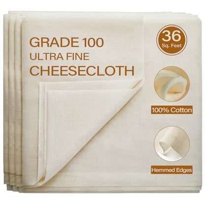 eFond Cheesecloth, 36 Square Feet Grade 100 Cheese Cloths for Straining Reusable, Washable, Lint Free and Ultra Fine Mesh Unbleached Pure Cotton Cheese Cloth Table Runner with Hemmed 2 Edges (4 Yards) - size: 144x36Inch Squares