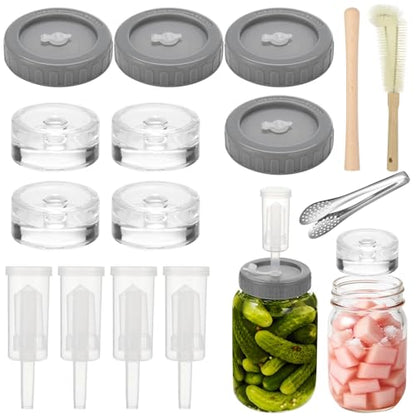 11 Pcs Fermentation Kit Accessories Set for Wide Mouth Jars, Includes 4 Plastic Lids with Airlocks, 4 Clear Glass Weights, Brush, Acacia Blending Stick, 7 in Stainless Tongs for Mason Jars
