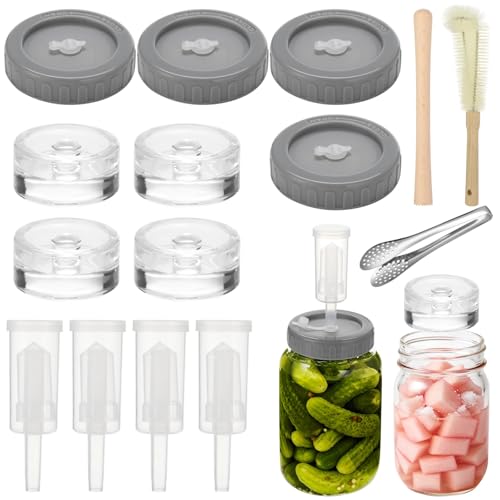 Fermentation Kit Accessories Set for Wide Mouth Jars, Includes 4 Pcs Plastic Lids with Airlocks, 4 Clear Glass Weights, Brush, Wooden Blending Stick, 7 in Stainless Tongs for Home Fermenting