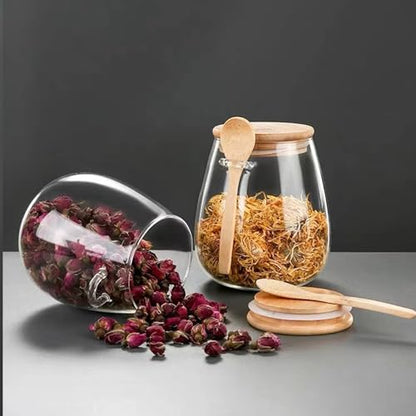 Airtight glass jar storage container with bamboo lid Set of 2, wide mouth, leak-proof, With a spoon, can be used for coffee beans, tea leaves, grains, dried fruits, etc (Large*2PCS) - color: Large*2PCS