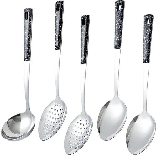 5-Piece Stainless Steel Serving Spoon Set, Large Serving Spoons with Ladle & Slotted Spoon, Metal Serving Spoons for Buffet, Soup, Rice, Commercial & Home Kitchen