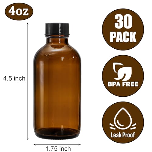 Bekith 30 Pack 4 oz Amber Glass Bottles, Boston Round Sample Bottles with Black Poly Cone Cap for Juice, Ginger Shots, Oils, Whiskey, Liquids