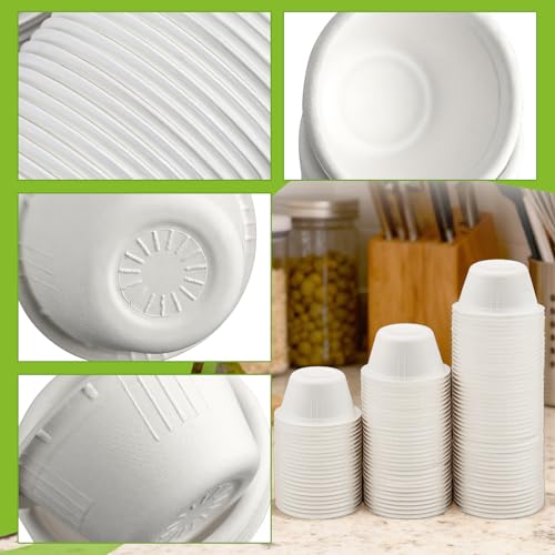 LeonBach 100 Pack Natural Bagasse Fiber Bowls 2oz Disposable Paper Cups Microwavable Safe Sample Snack Charcuterie Serving Cups Disposable Ramekins for Sauce Portion Condiment Ice Cream, White - color: White, style: 2oz-100 Pack