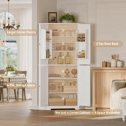 IRONCK Corner Cabinet, 72" H Kitchen Pantry Storage Cabinet, 4 Barn Doors with Storage Rack, 4 Adjustable Shelves, 6-Tier Tall Food Pantry Cabinet, Farmhouse Hutch for Kitchen Dining Room, White
