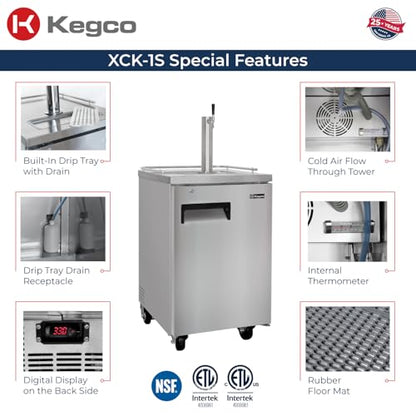 Kegco 3PXCK-1S-K 24" Single‑Tap Commercial Stainless Steel Kegerator – 5‑Gallon & Slim Keg Compatible, Digital Temp Control