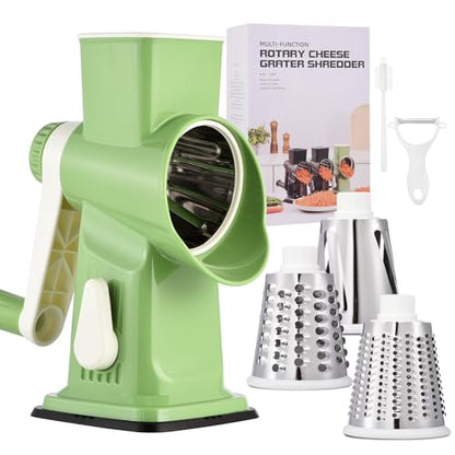 Rotary Cheese Grater Hand Crank Transparent - Shredder Slicer Grinder 3 Stainless Steel Blades, Stable Suction, Labor-Saving Handle, Safe Kitchen Tool for Cheese, Vegetable, Nuts, Chocolate - color: Green